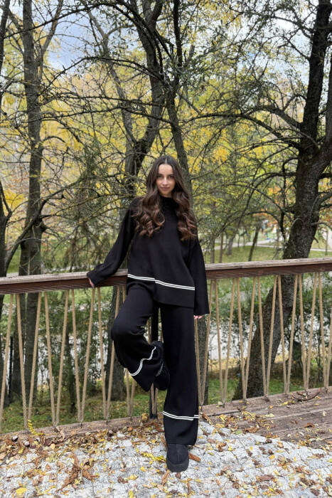 SWEATER+TROUSERS STRIPED WOMEN KNIT SET BLACK/ E ZEZE - KLAUDIO FASHION