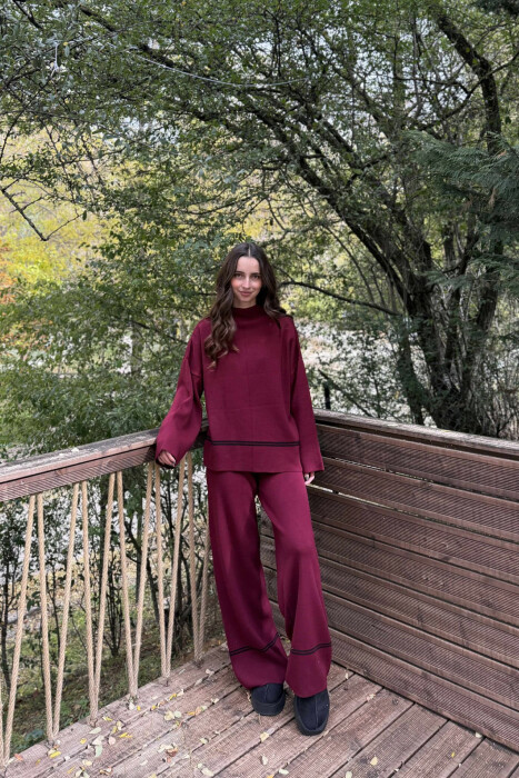 SWEATER+TROUSERS STRIPED WOMEN KNIT SET BURGUNDY/VISHNJE - KLAUDIO FASHION
