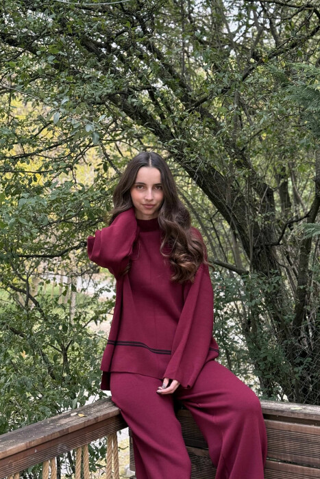 SWEATER+TROUSERS STRIPED WOMEN KNIT SET BURGUNDY/VISHNJE - 2