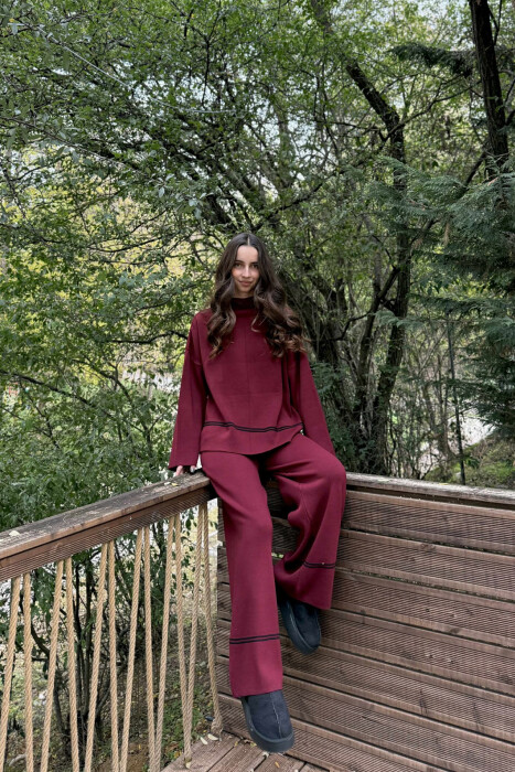 SWEATER+TROUSERS STRIPED WOMEN KNIT SET BURGUNDY/VISHNJE - 4