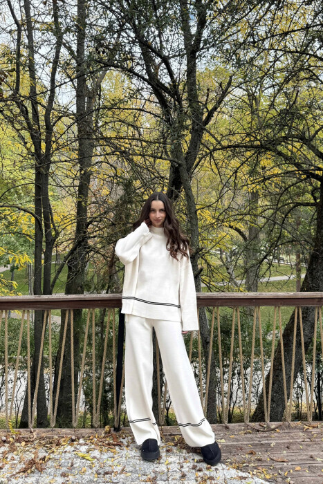 SWEATER+TROUSERS STRIPED WOMEN KNIT SET CREAM/KREM - KLAUDIO FASHION