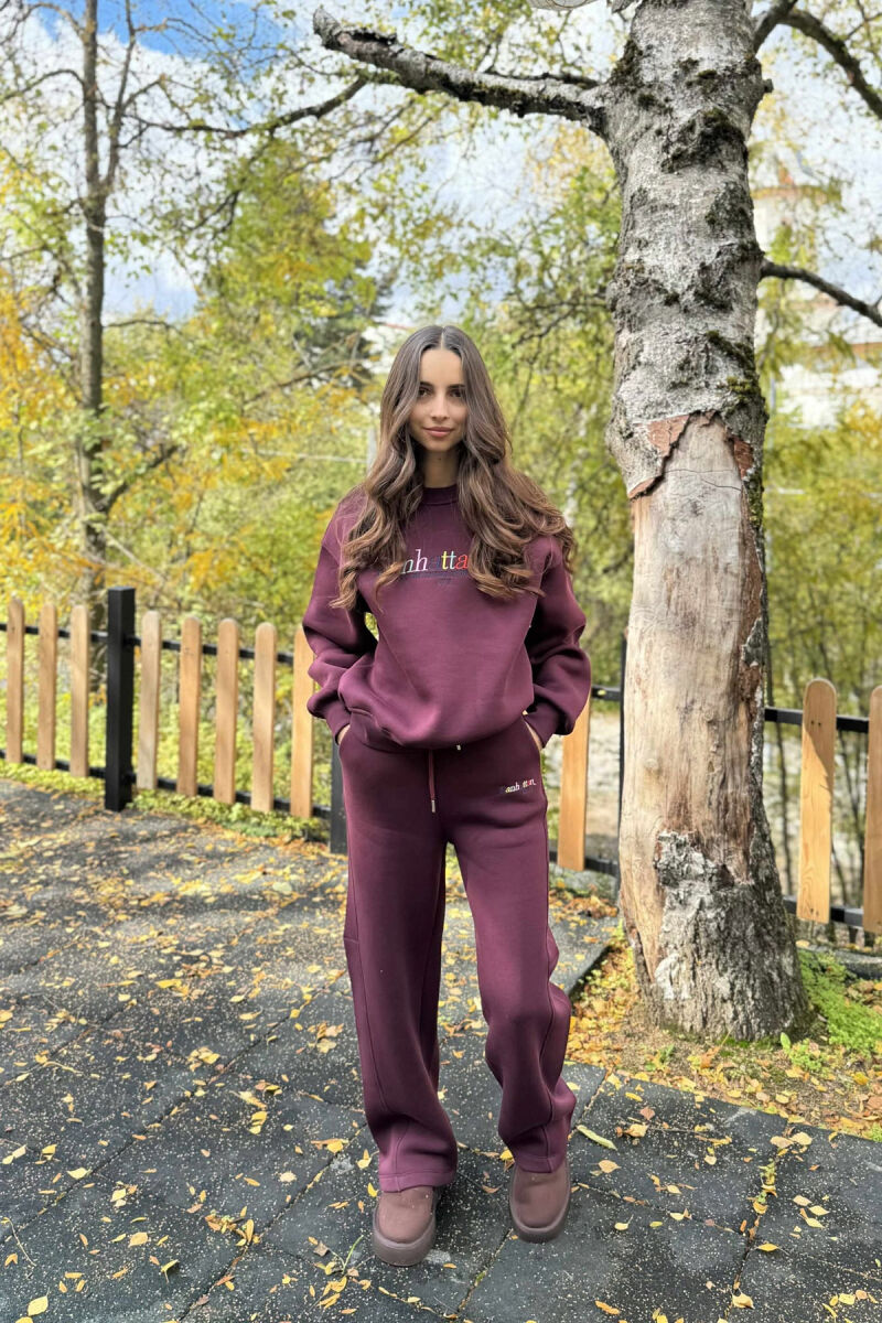 SWEATSHIRT+SWEATPANTS WRITTINGS FLUFFY WOMEN SET BURGUNDY/VISHNJE - 1