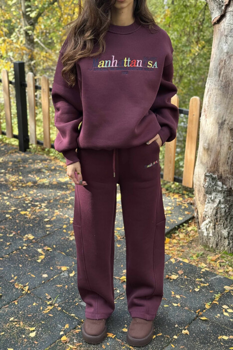 SWEATSHIRT+SWEATPANTS WRITTINGS FLUFFY WOMEN SET BURGUNDY/VISHNJE - 4