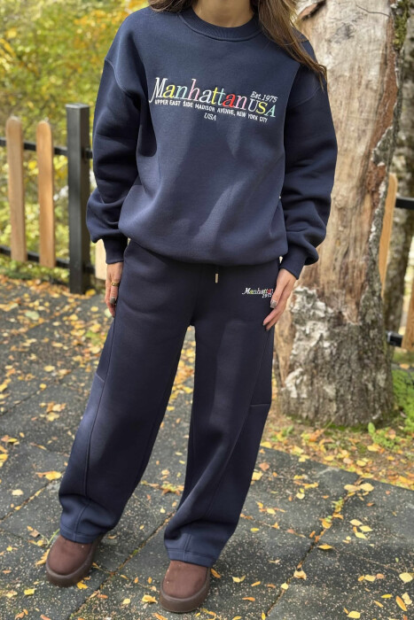 SWEATSHIRT+SWEATPANTS WRITTINGS FLUFFY WOMEN SET DARK BLUE/BEE - 2