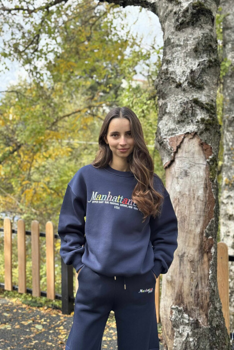 SWEATSHIRT+SWEATPANTS WRITTINGS FLUFFY WOMEN SET DARK BLUE/BEE - 4