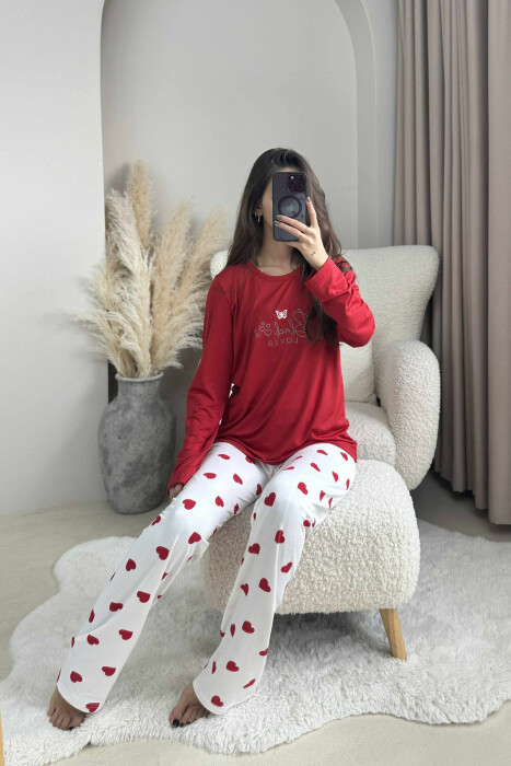 SWEATSHIRT+TROUSERS HEARTS DESIGNED WOMEN PYJAMAS RED/E KUQE - KLAUDIO FASHION
