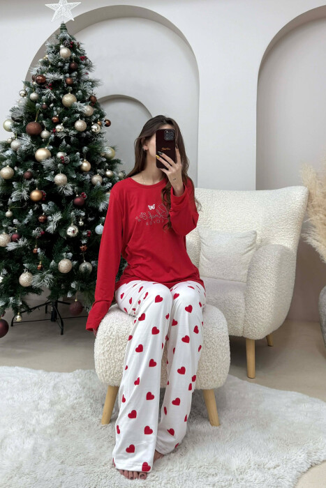 SWEATSHIRT+TROUSERS HEARTS DESIGNED WOMEN PYJAMAS RED/E KUQE - KLAUDIO FASHION