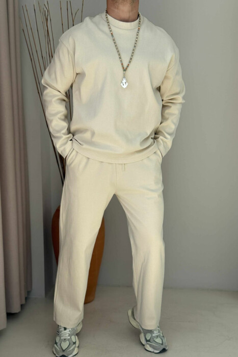 SWEATSHIRT+SWEATPANTS ONE COLOR MEN SET CREAM/KREM 