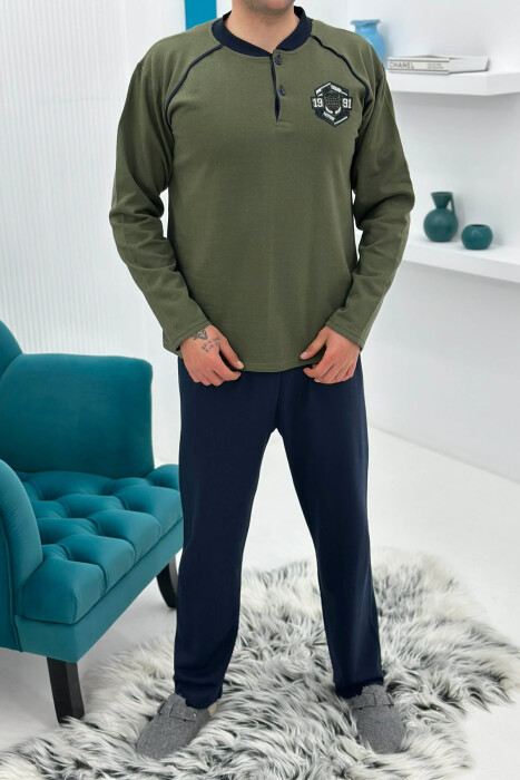 SWEATSHIRT+TROUSERS SMALL LOGO MEN PYJAMAS OLIVE/ULLI - KLAUDIO FASHION