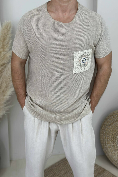 T-SHIRT I THJESHTË ME DETAJE PËR MESHKUJ NË NGJYRËN BEZHË - 2