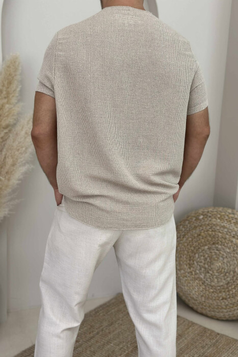 T-SHIRT I THJESHTË ME DETAJE PËR MESHKUJ NË NGJYRËN BEZHË - 4