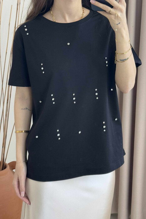 T-SHIRT I THJESHTË ME DETAJIN E GURËVE PËR FEMRA NË NGJYRËN E ZEZË - 9