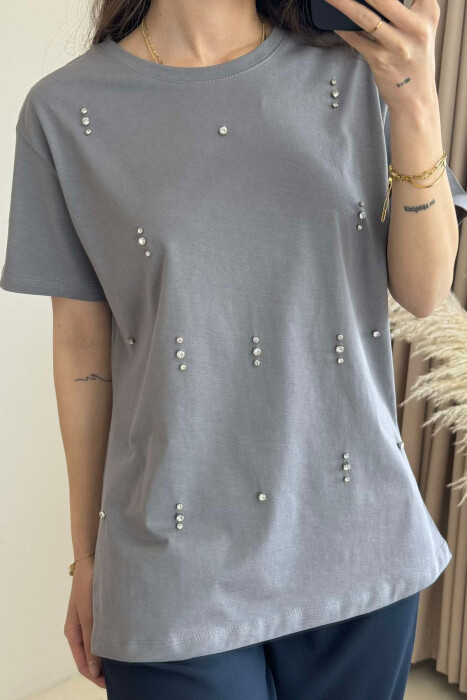 T-SHIRT I THJESHTË ME DETAJIN E GURËVE PËR FEMRA NË NGJYRËN GRI - 2