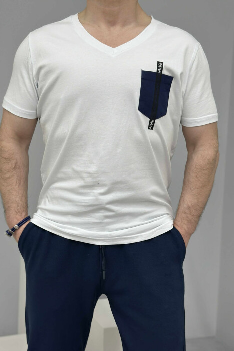 T-SHIRT I THJESHTË ME DETAJIN E XHEPIT PËR MESHKUJ NË NGJYRËN E BARDHË - 1