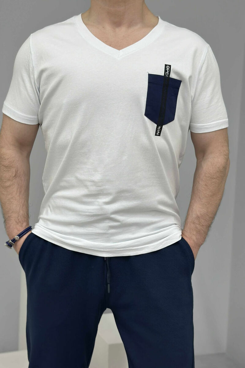 T-SHIRT I THJESHTË ME DETAJIN E XHEPIT PËR MESHKUJ NË NGJYRËN E BARDHË - 1