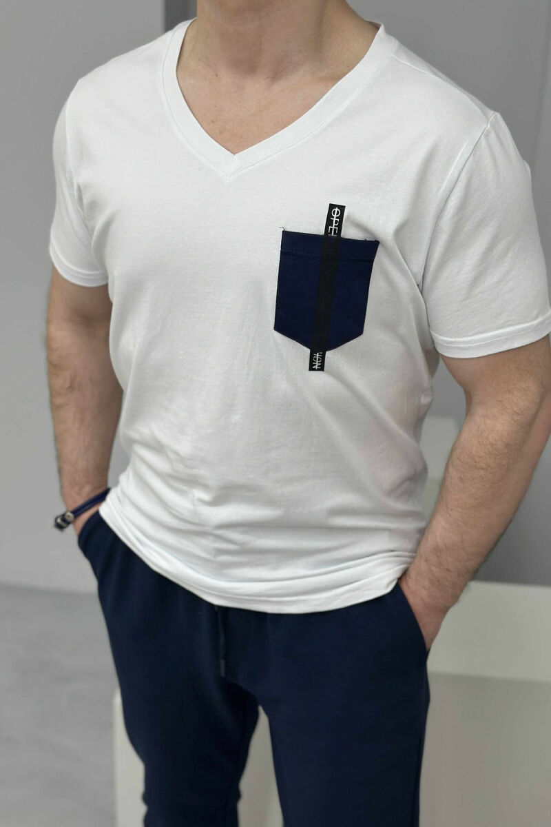 T-SHIRT I THJESHTË ME DETAJIN E XHEPIT PËR MESHKUJ NË NGJYRËN E BARDHË - 3