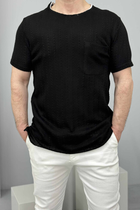 T-SHIRT I THJESHTË ME DETAJIN E XHEPIT PËR MESHKUJ NË NGJYRËN E ZEZË - 3