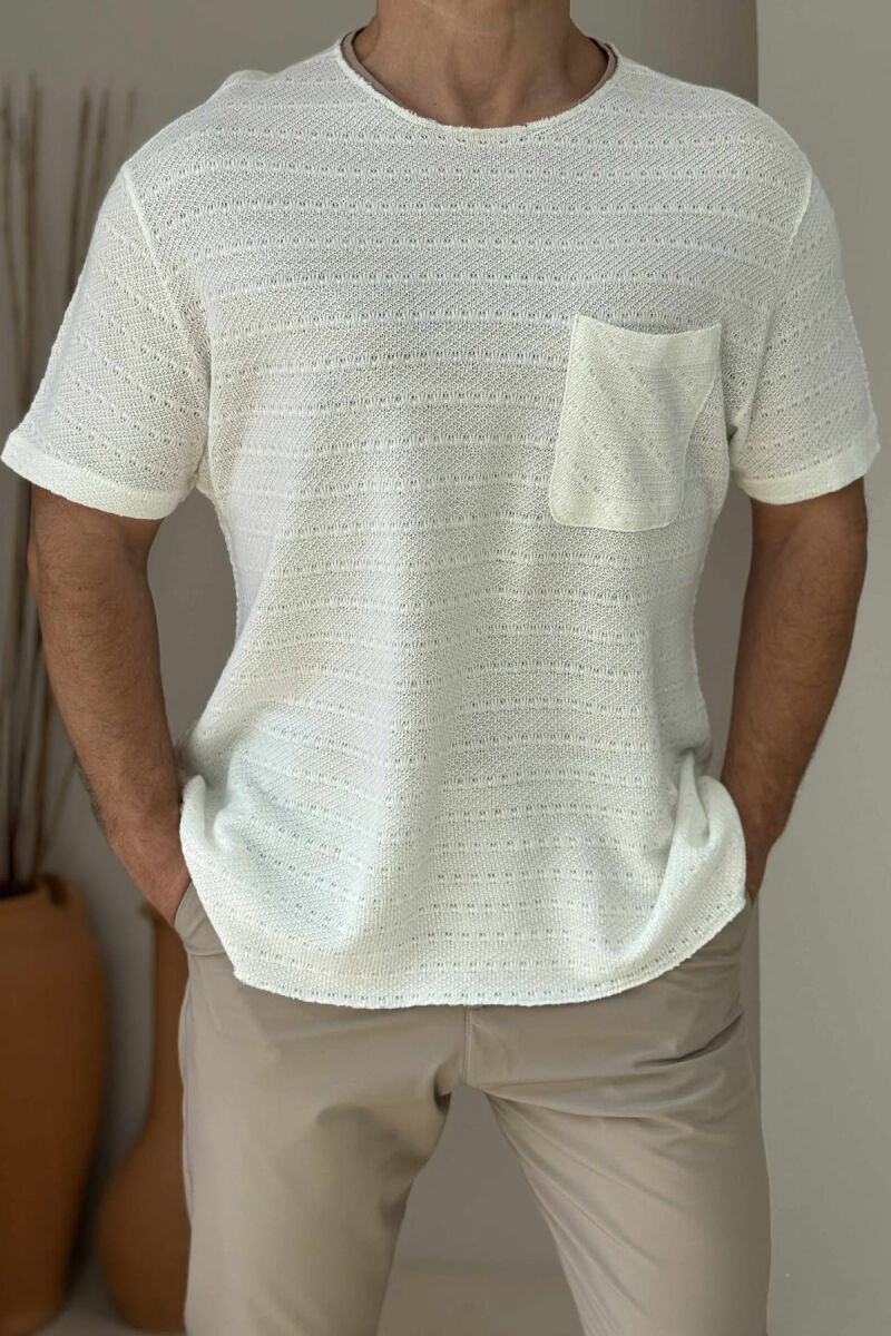 T-SHIRT I THJESHTË ME DETAJIN E XHEPIT PËR MESHKUJ NË NGJYRËN KREM - 1