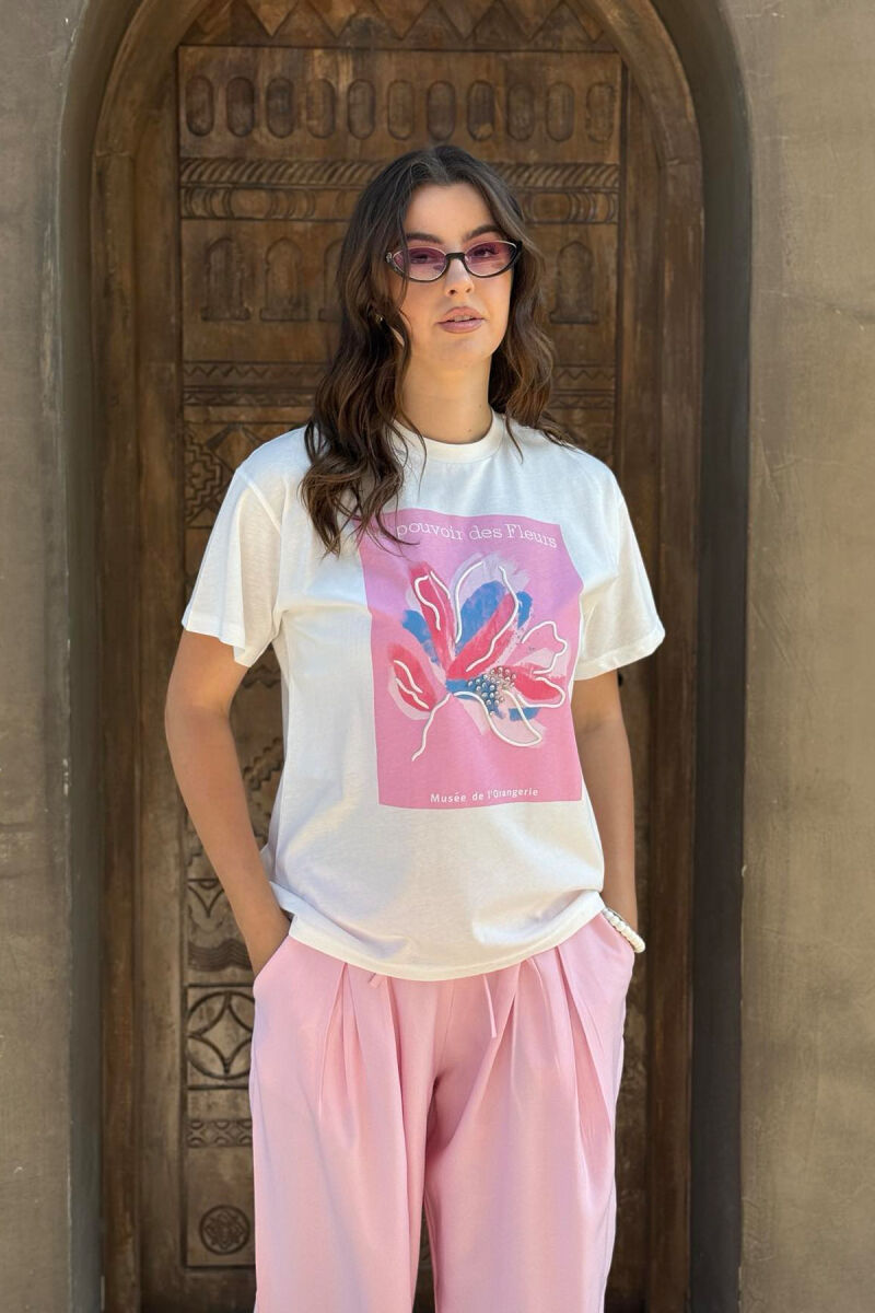 T-SHIRT I THJESHTË ME IMAZH PËR FEMRA NË NGJYRËN E BARDHË+ROZË - 6