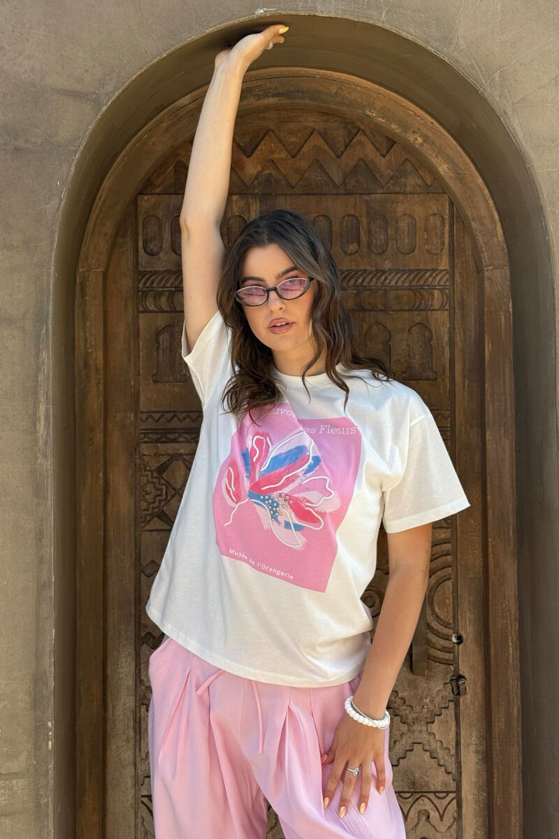 T-SHIRT I THJESHTË ME IMAZH PËR FEMRA NË NGJYRËN E BARDHË+ROZË - 8