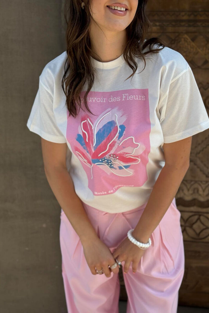 T-SHIRT I THJESHTË ME IMAZH PËR FEMRA NË NGJYRËN E BARDHË+ROZË - 9