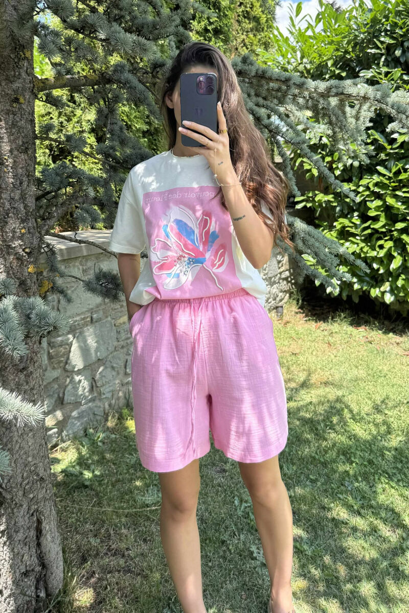 T-SHIRT I THJESHTË ME IMAZH PËR FEMRA NË NGJYRËN E BARDHË+ROZË - 1