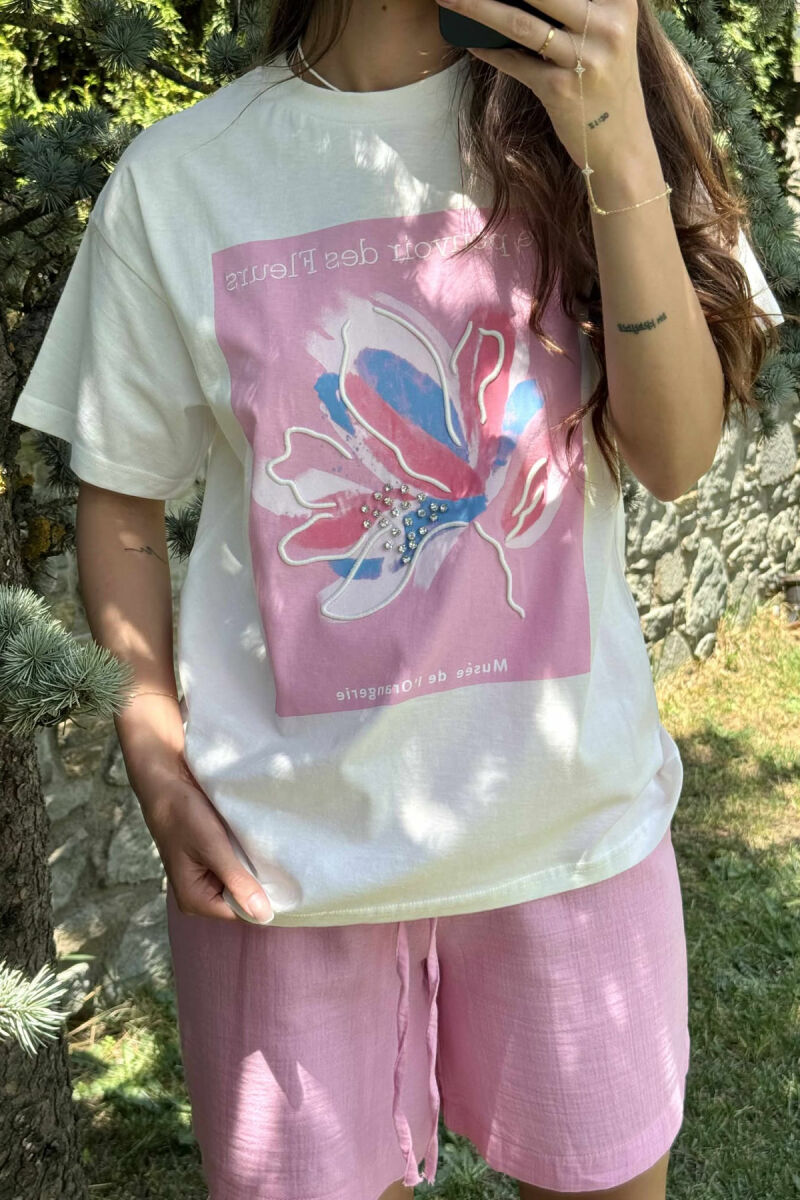 T-SHIRT I THJESHTË ME IMAZH PËR FEMRA NË NGJYRËN E BARDHË+ROZË - 3