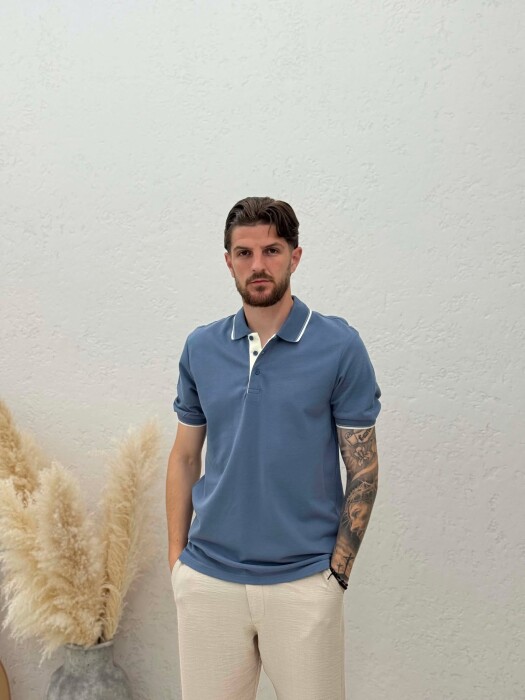 T-SHIRT I THJESHTE ME JAKE POLO PER MESHKUJ NE NGJYRE BLU TE ZBARDHUR - 1