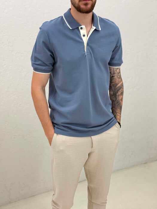 T-SHIRT I THJESHTE ME JAKE POLO PER MESHKUJ NE NGJYRE BLU TE ZBARDHUR - 4