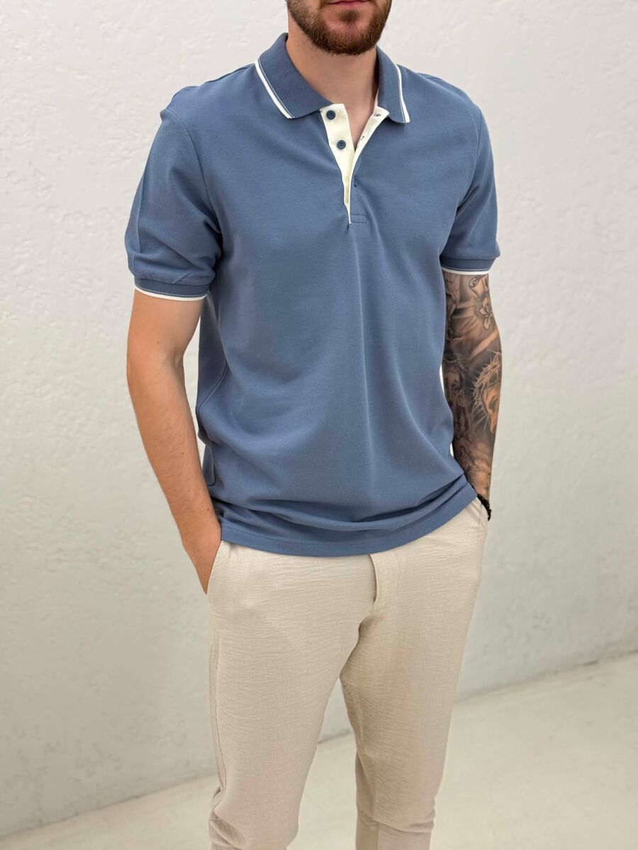T-SHIRT I THJESHTE ME JAKE POLO PER MESHKUJ NE NGJYRE BLU TE ZBARDHUR - 4