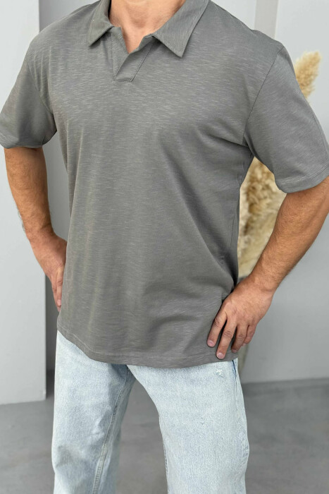 T-SHIRT I THJESHTË ME JAKË POLO PËR MESHKUJ NË NGJYRËN GRI - 3