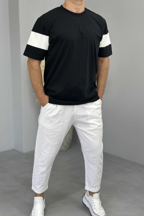 T-SHIRT I THJESHTË ME JAKË TË RRUMBULLAKËT PËR MESHKUJ NË NGJYRË E ZEZË - 2