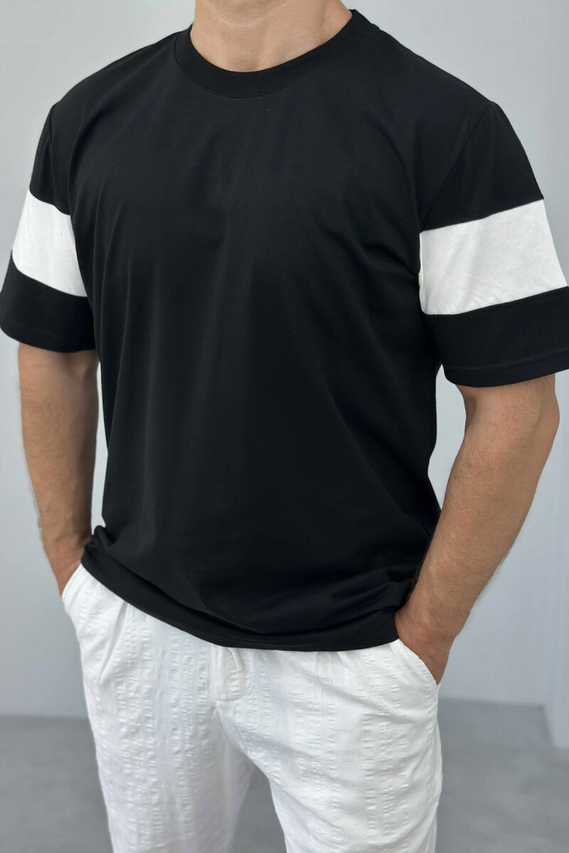 T-SHIRT I THJESHTË ME JAKË TË RRUMBULLAKËT PËR MESHKUJ NË NGJYRË E ZEZË - 3
