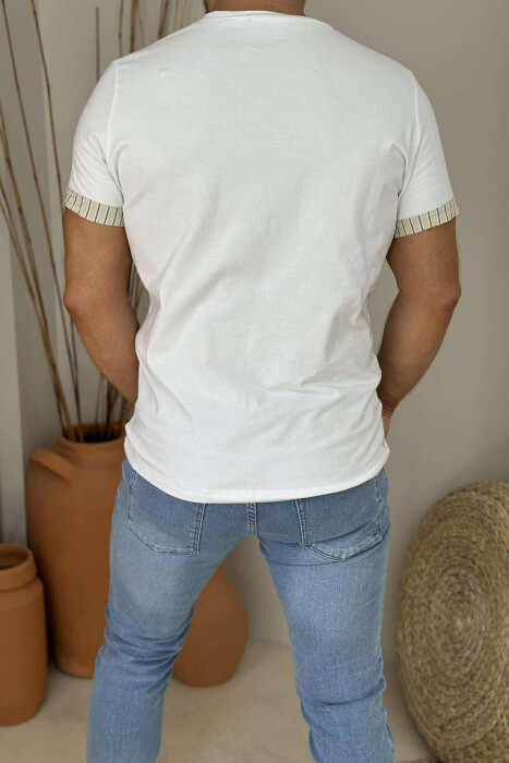 T-SHIRT I THJESHTË ME JAKË V PËR MESHKUJ NË NGJYRËN E BARDHË+BEZHË - 3