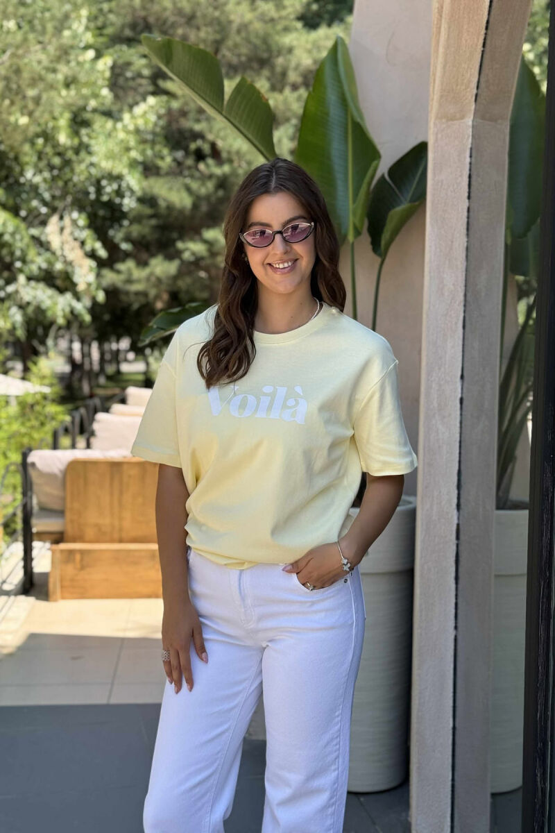 T-SHIRT I THJESHTË ME SHKRIME PËR FEMRA NË NGJYRËN E VERDHË - 4