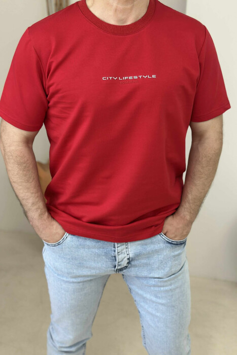 T-SHIRT I THJESHTË ME SHKRIME PËR MESHKUJ NË NGJYRËN E KUQE - 2
