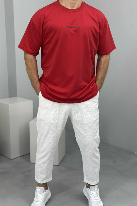 T-SHIRT I THJESHTË ME SHKRIME PËR MESHKUJ NË NGJYRËN E KUQE - 1