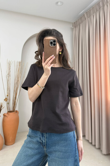 T-SHIRT I THJESHTE NJE NGJYRESH PER FEMRA NE NGJYRE KAFE - 1