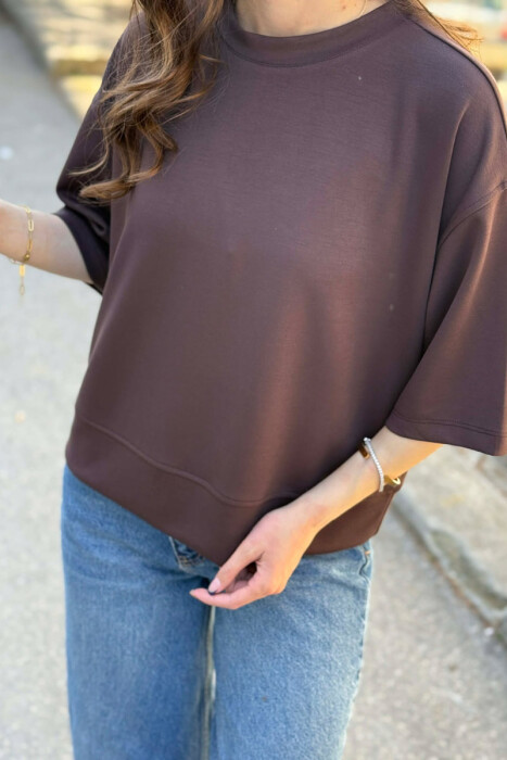 T-SHIRT I THJESHTE NJE NGJYRESH PER FEMRA NE NGJYRE KAFE - 3