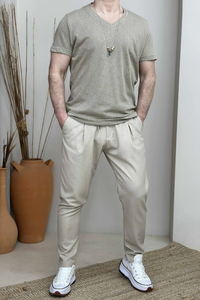 T-SHIRT NJË NGJYRËSH I THJESHTË PËR MESHKUJ NË NGJYRËN BEZHË - 3