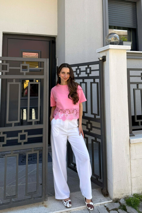 T-SHIRT ME DETAJ DANTELLE PER FEMRA NE NGJYRE ROZE - 4