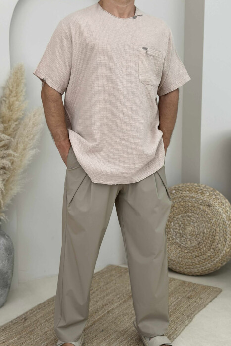 T-SHIRT ME DETAJIN E XHEPIT PËR MESHKUJ NË NGJYRËN BEZHË - 1