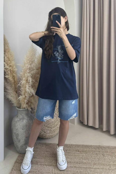 FRONT & BACK DESIGNED WRITTINGS WOMEN T-SHIRTS DARK BLUE/BEE - 2