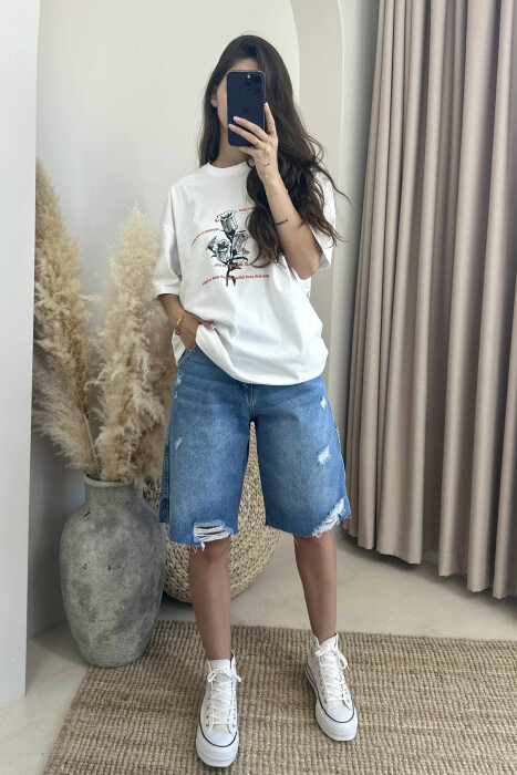 T-SHIRT ME DIZANJ DHE SHKRIME PËR FEMRA NË NGJYRËN KREM - 2