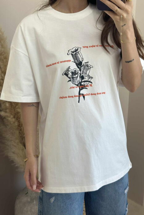 T-SHIRT ME DIZANJ DHE SHKRIME PËR FEMRA NË NGJYRËN KREM - 3