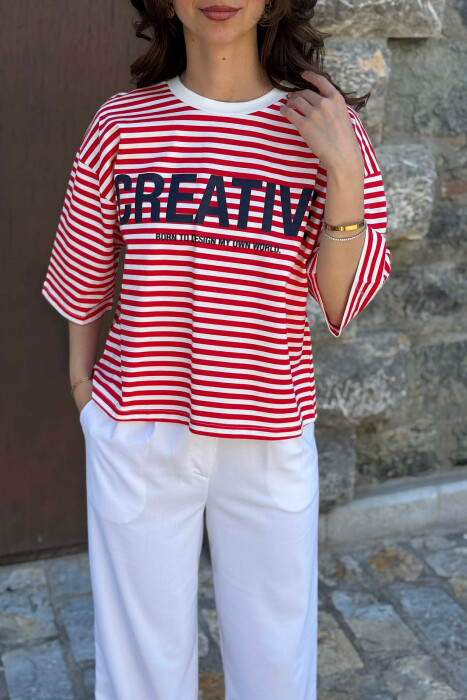 T-SHIRT ME DIZAJN VIJASH PER FEMRA NE NGJYRE TE BARDHE ME TE KUQE - 5