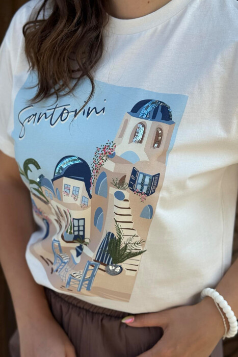 T-SHIRT ME IMAZHIN E SANTORINIT PËR FEMRA NË NGJYRËN E BARDHË - 9