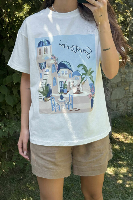T-SHIRT ME IMAZHIN E SANTORINIT PËR FEMRA NË NGJYRËN E BARDHË - 3