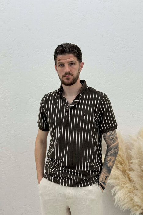 T-SHIRT ME JAKE POLO DHE ME DIZAJN VIJASH PER MESHKUJ NE NGJYRE KAFE - 1