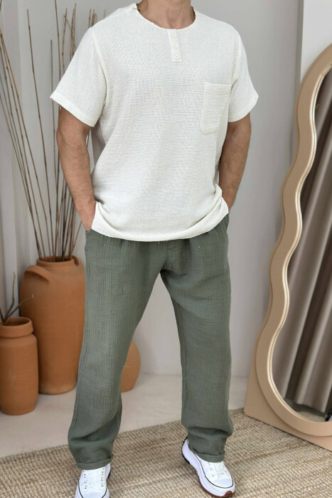 T-SHIRT ME KOPSA ME DETAJIN E XHEPIT PËR MESHKUJ NË NGJYRËN KREM - 